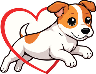 Obraz premium Cute Playful Puppy Jumping with Heart Outline Illustration, Happy Cartoon Dog, Love and Valentine Concept