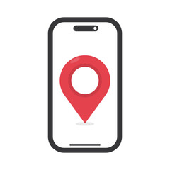 Isolated pictogram of smartphone with large red GPS location symbol, representing digital address, find my phone, and mobile navigation safety