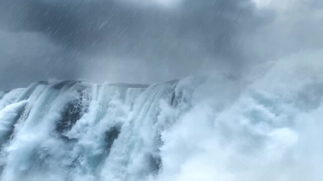 Majestic waterfall roaring amidst mist and thunderous flow