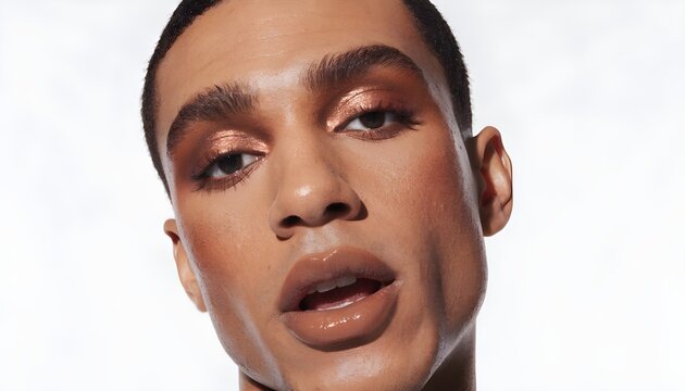 Close-up portrait of a young man with artistic makeup and glossy lips. beauty model