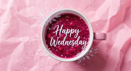 Pink Mug with Happy Wednesday Message Surrounded by Heart-shaped Candies on Crumpled Pink Paper