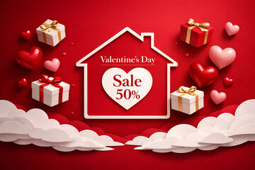 Valentines Day Sale Banner With Love House Heart Gift Boxes And Paper Cut Clouds On Red Background