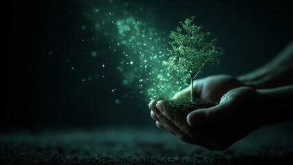 Close up human hands nurturing a young tree, futuristic sustainability concept, dark background with soft green digital glow, floating data particles, wide empty space for headline text, premium LED b
