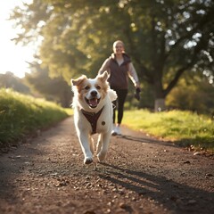 Happy Dog Running Towards Camera on Leash with Owner in Sunny Park Golden Hour