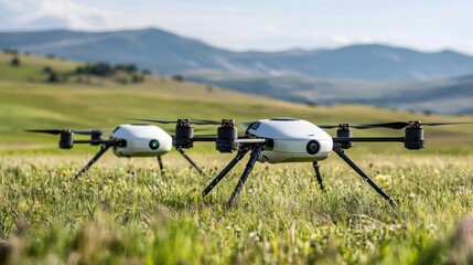 Two drones in a grassy field with mountains in the background.