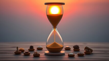 reverse. A glowing hourglass with golden sand flowing upwards, surrounded by symbolic objects representing healthy habits against a dawn gradient. wellbeing guides.
