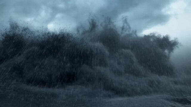 Dramatic ocean waves crashing in stormy weather with dark clouds and heavy rain