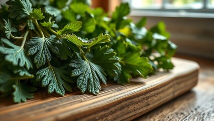 tolerable. Close-up of dried lovage leaves on a wooden rack with natural morning light. gardening catalogs, home-decor guides, designed for home decor and floral branding, used by sports marketers.