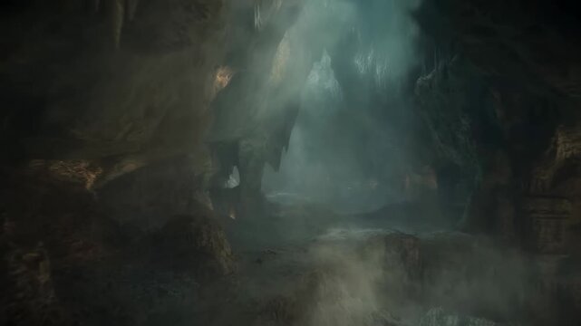 Mystical sunlight filtering into enigmatic cave revealing hidden depths and atmospheric shadows