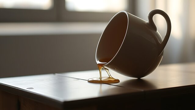 garroted. A tilted teacup on a table edge, tea nearly spilling in the morning light. bar promotions, beverage menus, designed for product packaging and bar promotions, enhances appetite appeal.