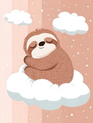 A sleeping sloth is resting peacefully on a fluffy white cloud with stars around it.