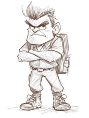 Grumpy cartoon character sketch with crossed arms, wearing a backpack and a stern expression.