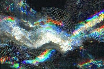Abstract digital art with a layered, distorted, and rainbow-hued visual landscape