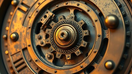 vigor. A hyper-detailed, aged bronze clockwork mechanism with a single gear removed, emitting golden light. product launch decks, UI/UX mockups, designed for product launches and innovation pitches.