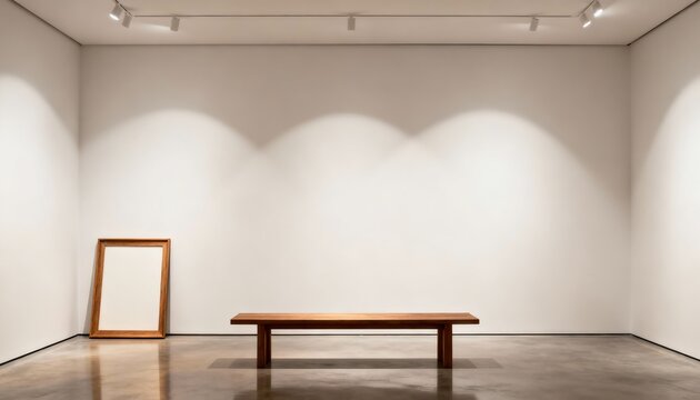 A clean, brightly lit interior displays an empty art frame resting against the wall next to a simple wooden bench. Track lighting above illuminates the empty space.