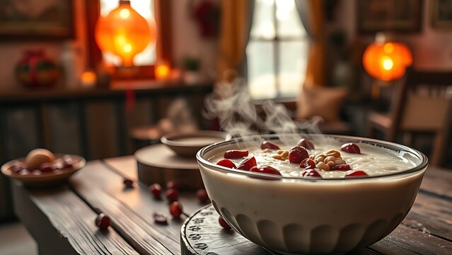 laba. Steaming bowl of Laba porridge with dates and nuts on wooden table. menu design, packaging mockups, designed for culinary blogs and recipe cards for restaurants, supports restaurant marketing.