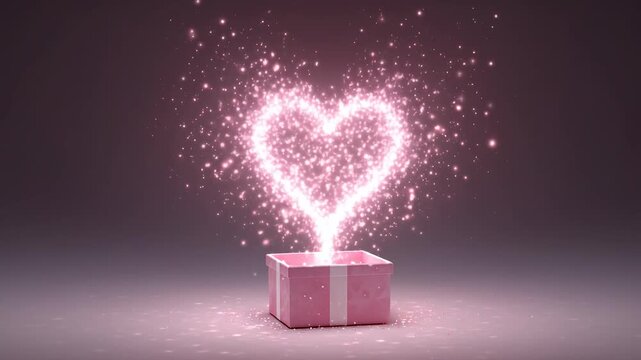 Magical heart made of sparkling pink light emerging from open pink gift box on glowing soft background