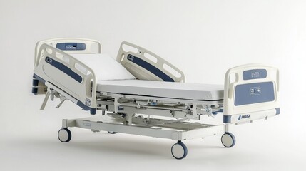 A hospital bed with a white and blue color scheme, featuring adjustable head and footrests, wheels, and a mattress. The bed is positioned against a white background.