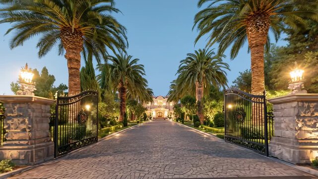 Luxurious mansion entrance with palm trees and iron gate illuminated at dusk in a lush landscaped garden