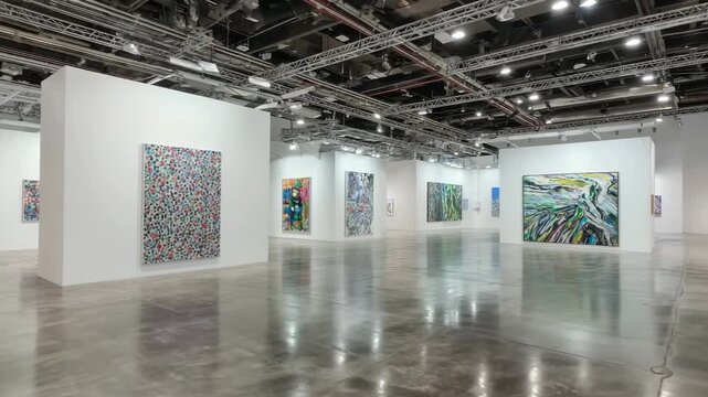 Contemporary art gallery exhibition with abstract paintings displayed on white walls in a modern space