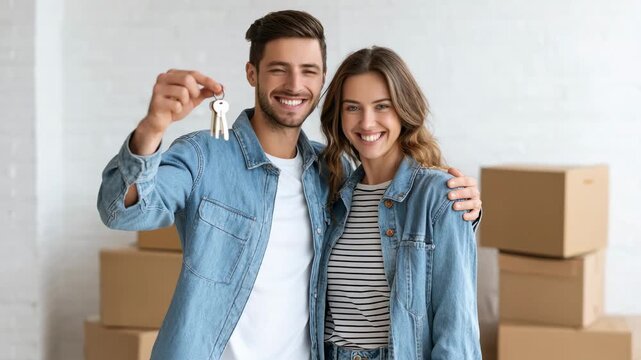 Happy young couple holding house keys and smiling after moving into new home surrounded by cardboard boxes