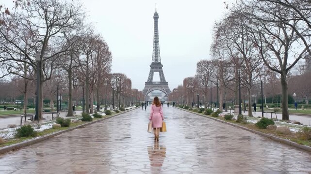 Woman in pink coat holding shopping bags walking toward Eiffel Tower on winter day in Paris city street