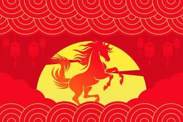 Happy Chinese New Year with fire horse and golden sun. Chinese New Year background illustration vector design.