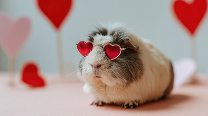 A cute guinea pig wearing heart-shaped sunglasses sits on a pink surface. Red heart decorations are in the background, creating a festive atmosphere.