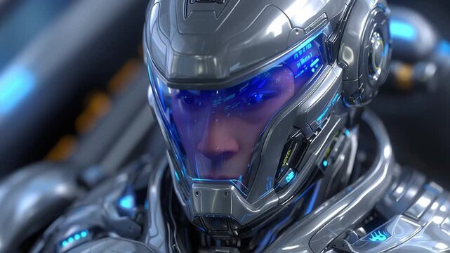 Close-up of armored sci-fi soldier wearing a metallic helmet; the visor glows blue as the character shifts gaze and subtly turns, conveying readiness inside a high-tech combat scene.