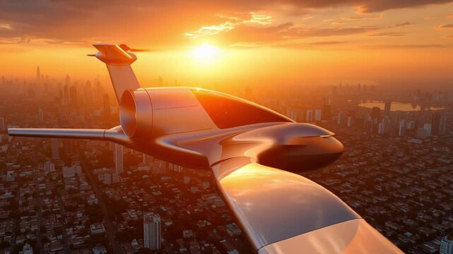 Close-up of sleek futuristic eVTOL aircraft banks over hazy city at sunset as camera arcs around the nose, lens flare blooms, soft twilight deepens, and glossy reflections slide along wings below.