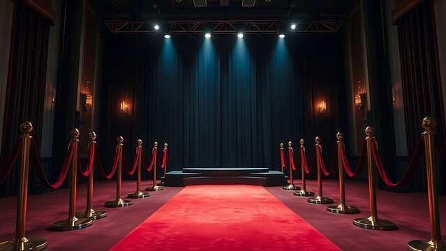 tunicle. Empty award podium on red carpet with velvet ropes, ceremonial space with soft lighting. event programs, museum guides, designed for cultural heritage projects and event programs.