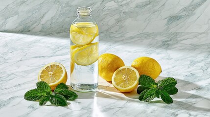 Glass bottle with lemon slices and mint on marble surface, refreshing citrus drink concept with hard shadow