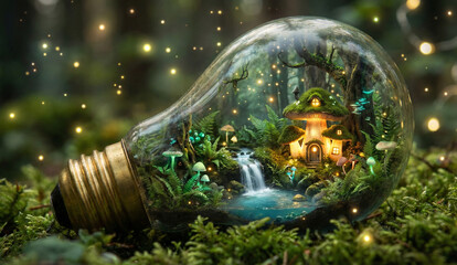 Magical Miniature Fantasy World with Glowing Mushroom House and Waterfall inside a Vintage Lightbulb
