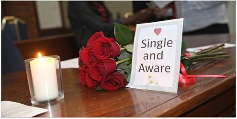 Single and aware message card with red roses and candle on table romantic awareness concept.