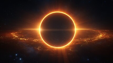 Obraz premium Solar eclipse glowing with fiery corona over Earth horizon in deep space with stars and galactic light