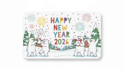 Joyful illustration of white polar bears dancing near a Christmas tree with fireworks and "Happy New Year 2026"