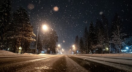 Snowy night city road with streetlights illuminating falling snow on empty asphalt and trees, tranquil mysterious atmosphere.