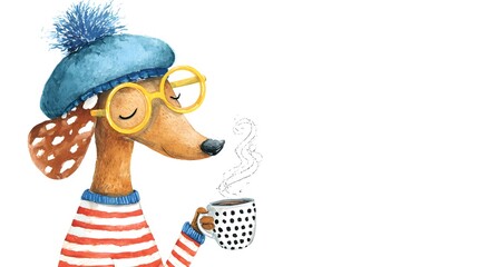 Naklejka premium Stylized dog wears a knit hat, striped shirt, and yellow glasses. Holding a polka dot mug with steam rising, eyes closed in cozy bliss. illustration for greeting cards and children's designs.