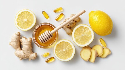Fresh lemon ginger slices with honey, whole ginger root, vitamins, and wooden dipper on white background