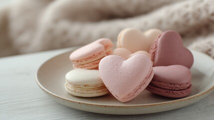 A plate of heart-shaped macarons in pink, white, and beige colors. The background features a soft, knitted fabric, creating a cozy atmosphere.
