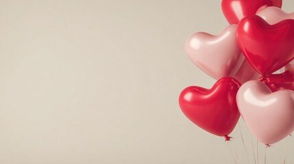 A cluster of heart-shaped balloons in red and pink colors against a neutral background. Ideal for romantic themes and celebrations.