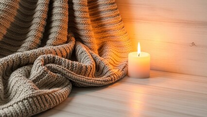 A lit candle on a wooden surface surrounded by a knitted blanket in a cozy setting