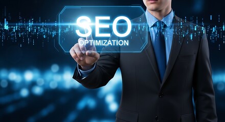 Businessman touching a digital screen displaying the words seo optimization with a futuristic blue background representing data and technology