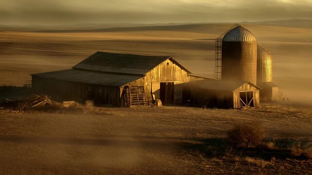 Golden sunset over rustic barns with silo in serene countryside