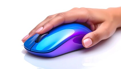 Close-up shot of fingers clicking a glossy computer mouse with blue to purple gradient