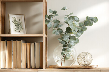 Obraz premium Rustic wooden shelf displaying eucalyptus branches in a glass vase alongside books and a decorative orb