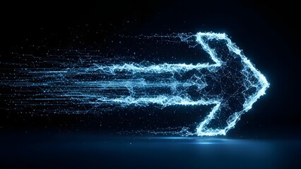 Abstract glowing blue arrow formed by digital network particles moving forward