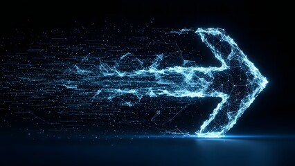 Abstract glowing blue arrow formed by digital network particles moving forward