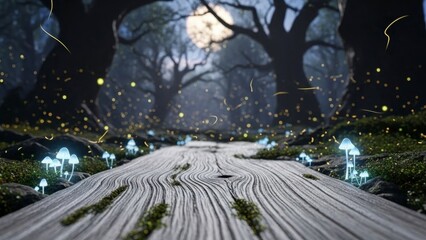 Moonlit wooden pathway winding through a mystical forest with glowing lanterns and fireflies