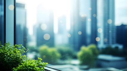 sustainable corporate abstract business background view of a green city street featuring urban architecture and skyscrapers under a blue sky in the downtown business district